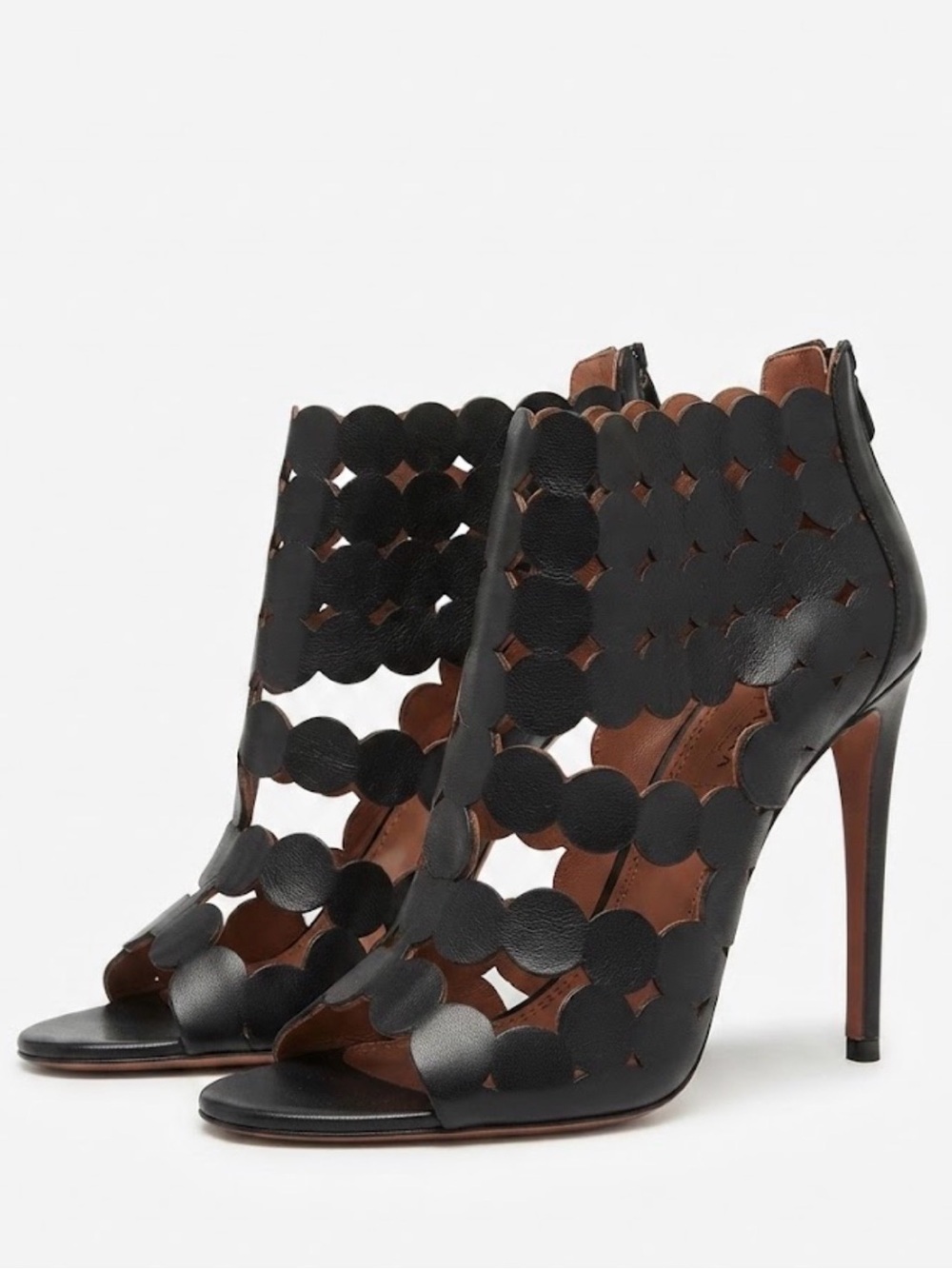ALAÏA Black Laser Cut Circle Confetti Stiletto Sandals Heels Zipper Back 39